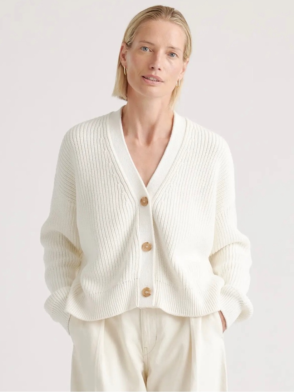 Quince Cotton Fisherman Boxy Cropped Cardigan - Ivory